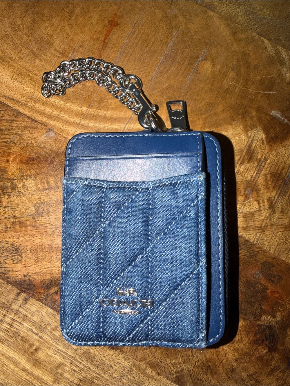 Coach Quilted Blue Denim & Leather Card Holder with Chain